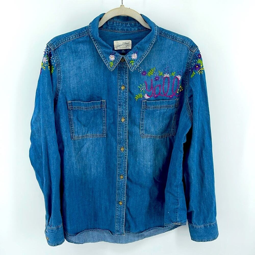 Handmade Ya'll floral embroidered Art To Wear denim button down shirt sz XXL